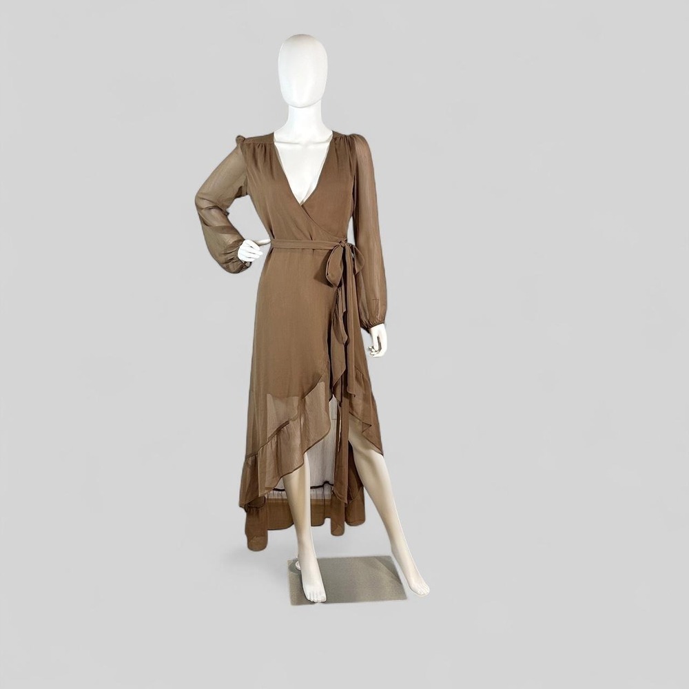 WAYF Mocha Chiffon High Low Wrap Maxi Dress NWT | Bloomingdale's Romantic Dress